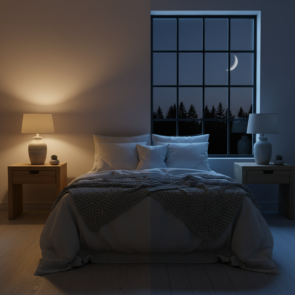 Minimal ceramic bedside lamp with warm glow next to a book