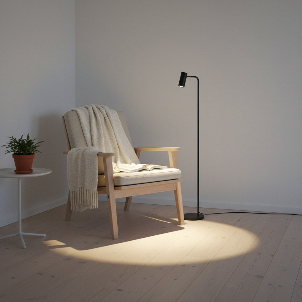 Cozy bedroom corner in night mode with soft warm lamp lighting